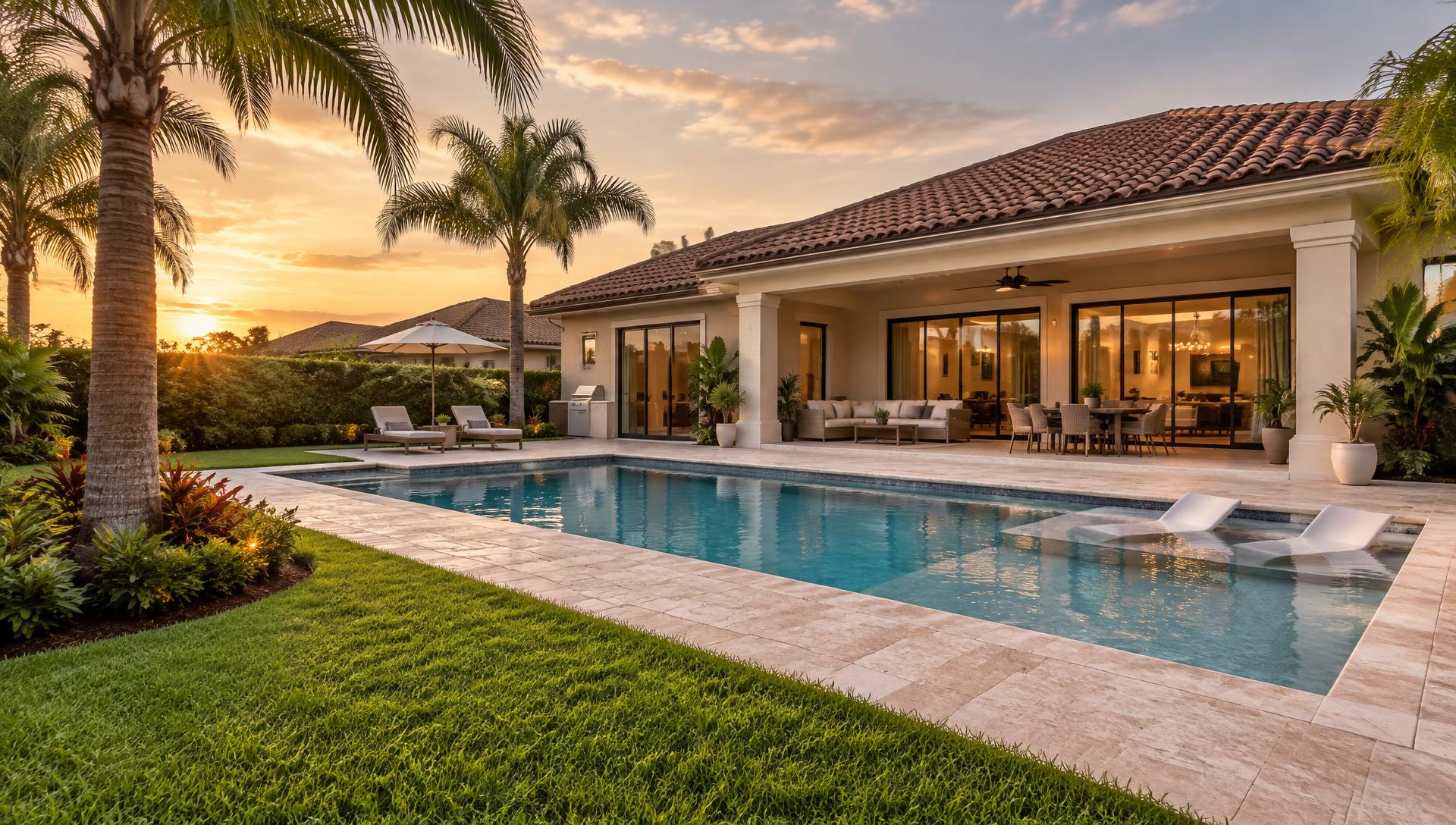 Modern Florida home with a rectangular pool and palm trees at golden hour